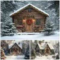 Décorations d'arrière-plan de cabine de noël, couronne de lumières de scène d'hiver enneigées pour décor de fond de Studio de photographie de famille festive